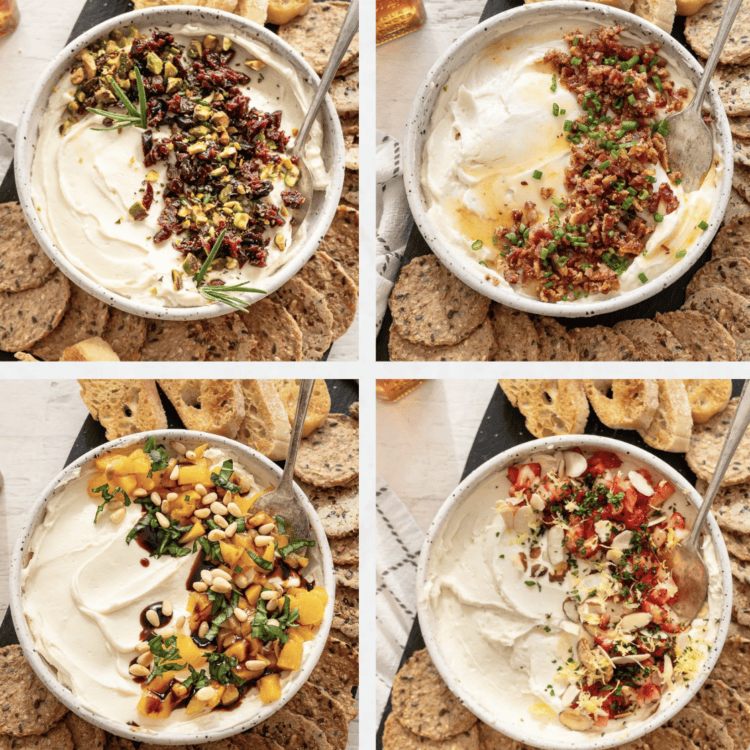 Four bowls of different variations of Honey Whipped Goat Cheese served with sliced baguettes.